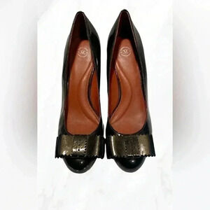 Johnston & Murphy stylish wedge bow detail round toe  green patent leather 7/8